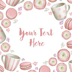 Macaron & tea cups card with ranunculus rose isolated with text