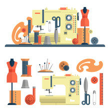 Sewing Machine, Accessories For Dressmaking And Handmade Fashion. Vector Set Of Flat Icons, Isolated Design Elements