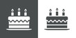 Icono plano tarta de cumpleaños con velas en fondo gris y fondo blanco
