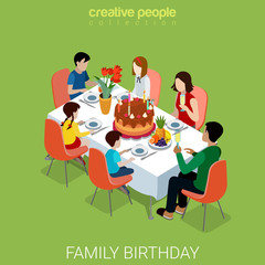 Wall Mural - family birthday celebration dinner flat isometric vector 3d