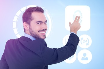 Sticker - Composite image of smiling businessman pointing these fingers