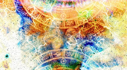 Poster - Ancient Mayan Calendar, Cosmic space and stars, abstract color Background, computer collage.