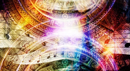Leinwandbilder - Ancient Mayan Calendar and  Music note, Cosmic space with stars, abstract color Background, computer collage.