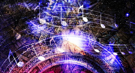 Wall Mural - ancient mayan calendar and music note, cosmic space with stars, abstract color background, computer 