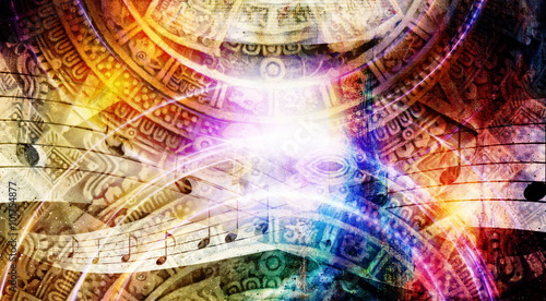Dekoracja na wymiar  starozytny-kalendarz-majow-i-notatka-muzyczna-kosmiczna-przestrzen-z-gwiazdami-abstrakcyjny-kolor-tla