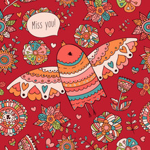 Seamless Floral Pattern With Birds And Text Miss You
