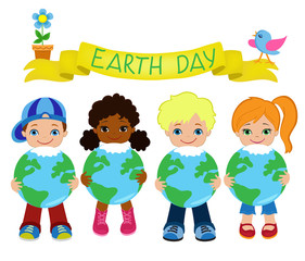 Happy children celebrate Earth Day.Ecology elements you can use on Earth Day.