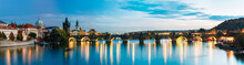 Night Panorama Scene With Charles Bridge In Prague, Czech Republ