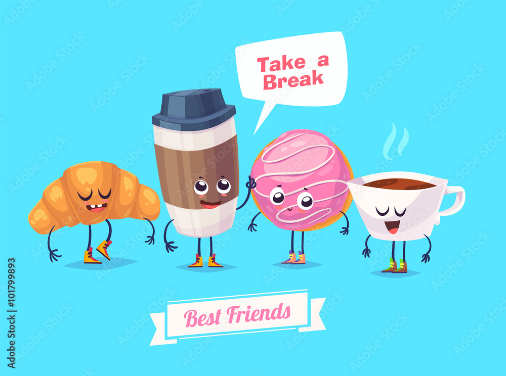 Set of breakfast characters. Vector cute cartoons Stock Vector | Adobe ...