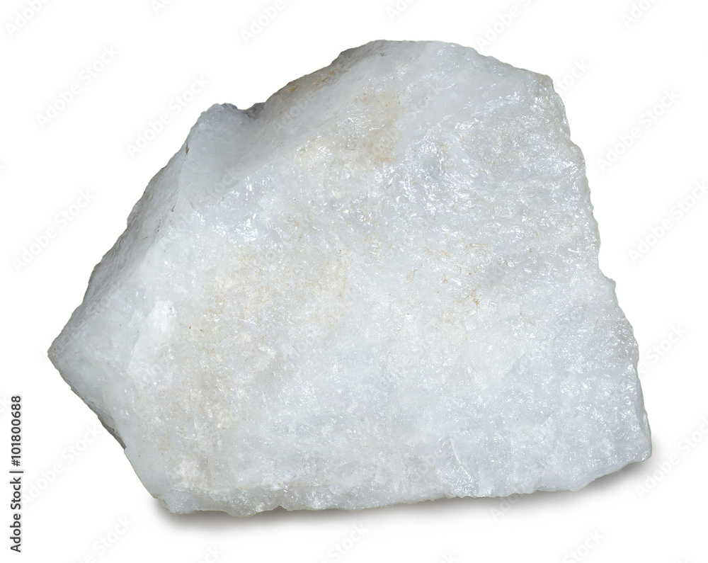 Mineral quartz isolated on white. Quartz is the second most abundant mineral in the Earth's continental crust, after feldspar. Quartz crystals have piezoelectric properties.  - obrazy, fototapety, plakaty 