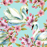 Fototapeta Młodzieżowe - Watercolor swan and cherry bloom