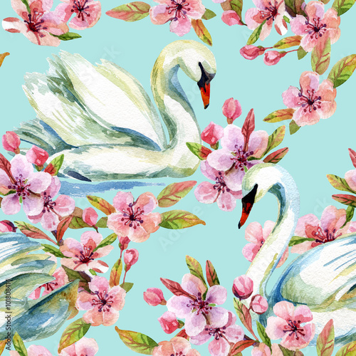 Cotton fabric Watercolor swan and cherry bloom