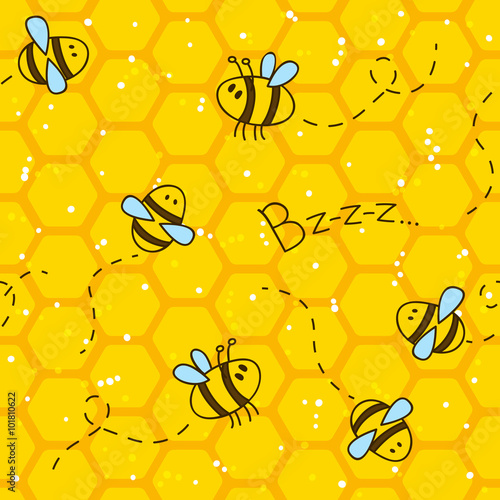 Cotton fabric Seamless pattern with bees and honeycombs