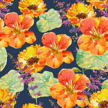 Orange Garden Flowers On The Dark Blue Background. Watercolor Seamless Pattern. Nasturtium, Marigolds And Mint Flower.
