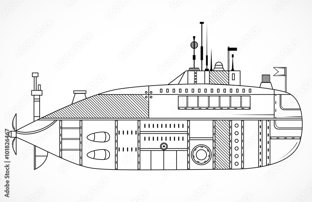Submarine. Vintage black and white hand drawn vector illustration in ...