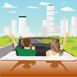 happy free couple driving in cabriolet car cheering joyful with arms raised