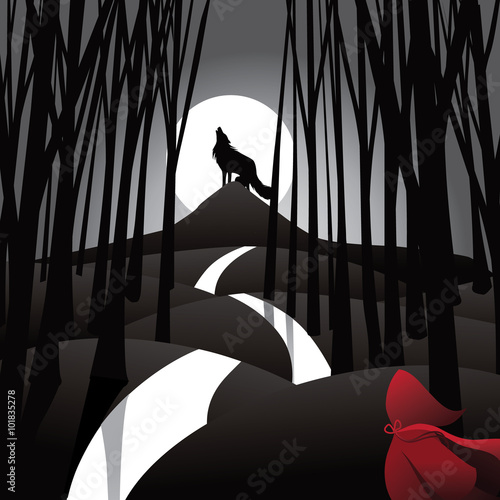 Little Red Riding Hood fairy tale depiction with howling wolf and frightened riding hood Plakát
