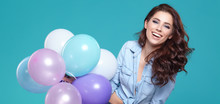 Pretty Woman With Colored Balloons