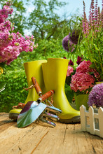 Outdoor Gardening Tools On Old Wood Table 