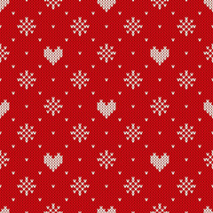 Wall Mural - Seamless Knitted Pattern with Hearts and Snowflakes