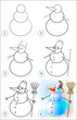 Page shows how to learn step by step to draw a snowman. Developing children skills for drawing and coloring. Vector image.