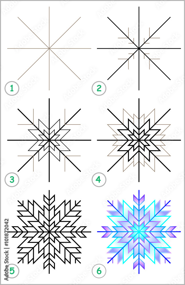 Page shows how to learn step by step to draw a snowflake. Developing ...