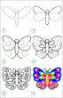 Page shows how to learn step by step to draw a butterfly. Developing children skills for drawing and coloring. Vector image.