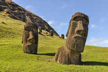 Moai Statues In Rano Raraku Volcano, Easter Island, Chile