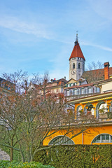 Canvas Print - Thun City Church over Old City of Thun in Switzerland