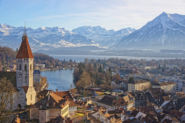 Wall Mural - Panorama of Thun Church and Town with Alps and Thunersee