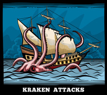 Sailing Vessel And Kraken Monster Octopus Vector Logo In Cartoon Style. Squid With Tentacle Myth, Adventure Voyage Illustration