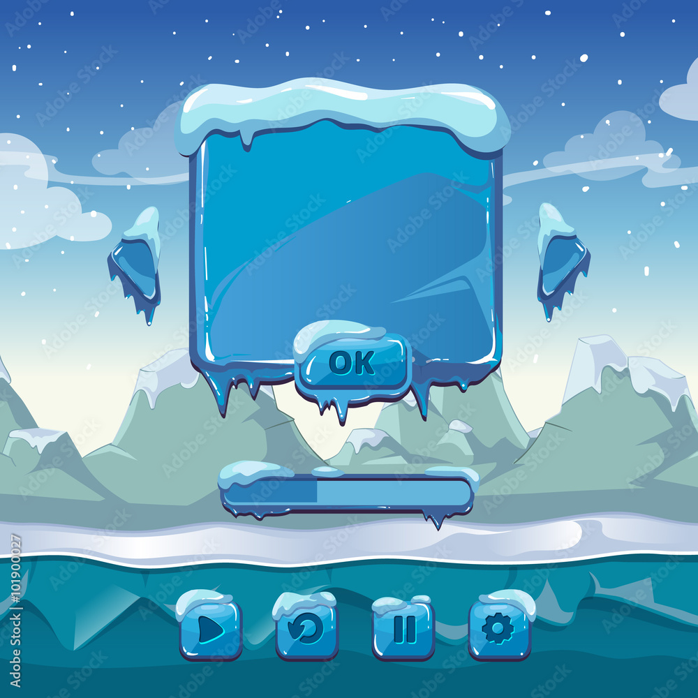 Main winter game menu. Interface cartoon gui, ice and cold, app button ...