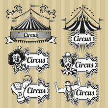 Vintage Circus Vector Emblems, Logos, Labels Set. Circus Emblem, Retro Circus Logo, Carnival Circus Tent Illustration