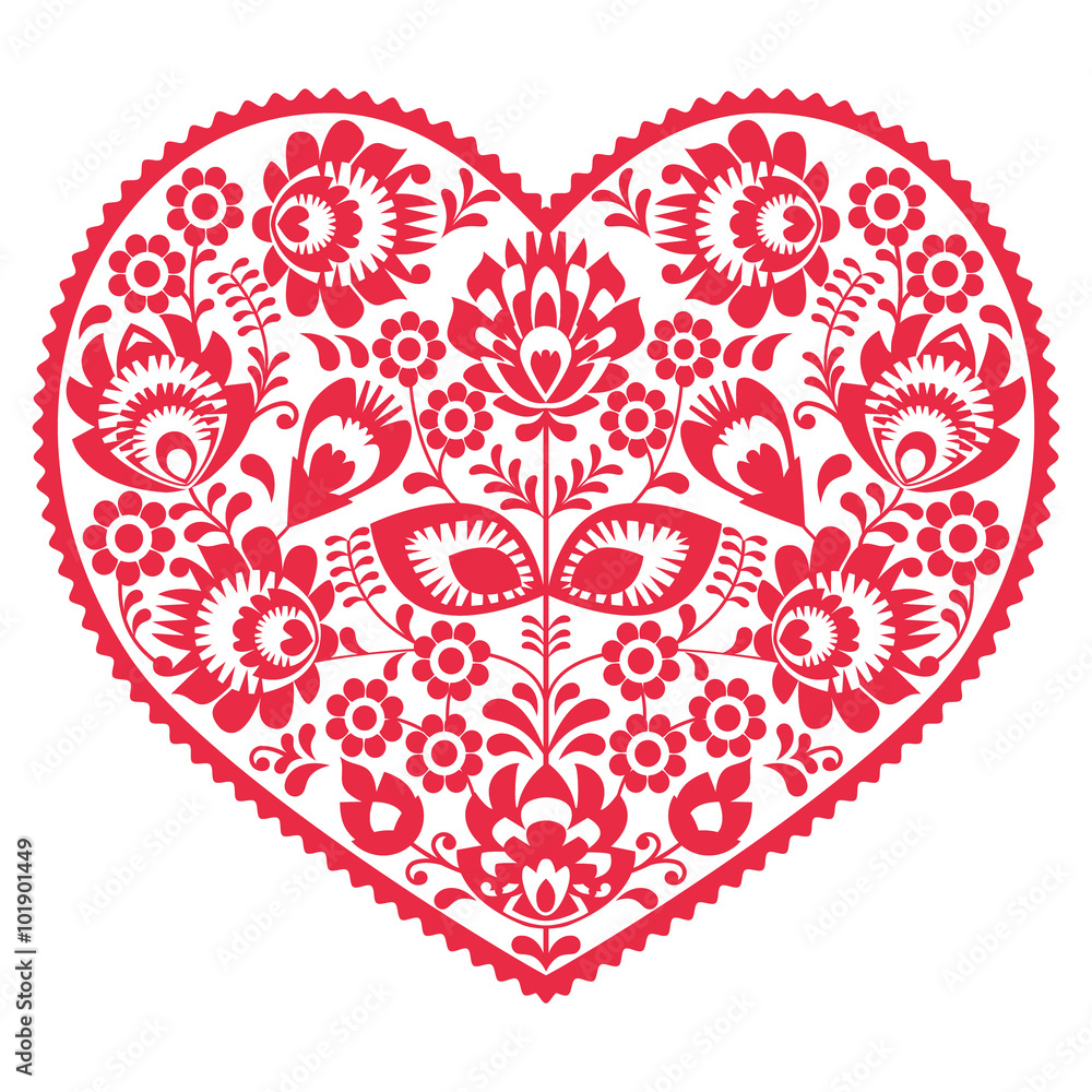 Valentines Day folk art red heart - Polish pattern Wzory Lowickie, Wycinanki - obrazy, fototapety, plakaty 