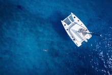 Catamaran In Open Sea - Aerial / Drone View