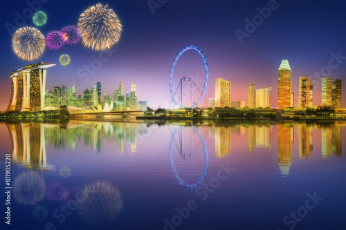 Photo Fireworks in Marina Bay, Singapore Skyline