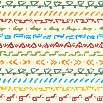 Seamless boho ethnic colorful crayon hand drawing fabric pattern. Pastel chalk hand drawn patterned background with design elements. Tribal vector ornament. 