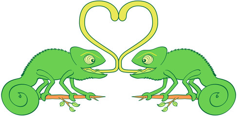  A couple of funny green chameleons with bulging eyes and curly tails looking surprised, smiling, staring at each one and sticking their tongues out to form a big heart while falling in love