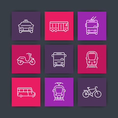 Sticker - City transport line icons, tram, train, bus, bike, taxi, trolleybus square icons, vector illustration