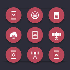 Sticker - wireless technology round red icons, mobile communication, connection signs, 4g, 5g mobile internet icon, vector illustration