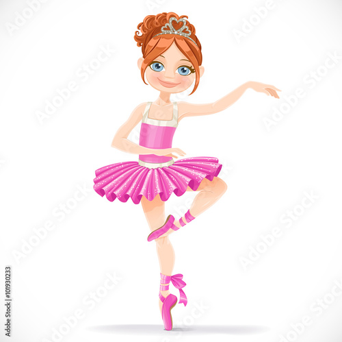 Fotografie, Tablou Cute brunette ballerina girl dancing in pink dress isolated on a