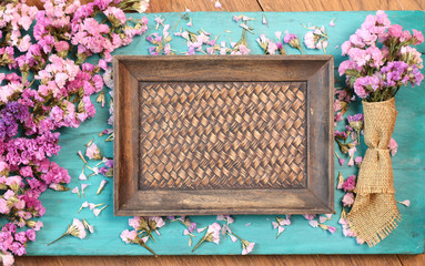 Beautiful flowers on green wood.