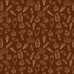 Hand drawn seamless pattern with cupcakes, sweets, bakery and de