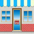 Mom and Pop Grocer Store Shop Facade with Open for Business Store Sign (Vector)