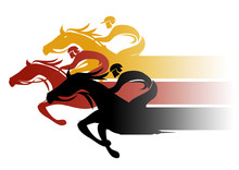 Horse Racing.
Three Racing Jockeys At Full Speed. Colorful Illustration On White Background. Vector Available.
