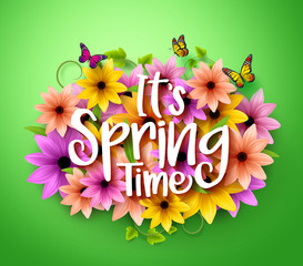 Wall Mural - spring time poster design in realistic 3d colorful vector flowers background with vines for spring s