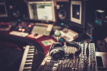 close-up of boutique recording studio control desk.