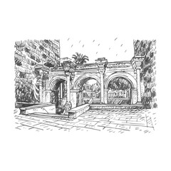 Hadrian's Gate in old city of Antalya, Turkey. Vector freehand pencil sketch.