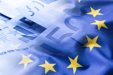 Euro Flag. Euro Money. Euro Currency. Colorful Waving European Union Flag On A Euro Money Background.