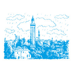 Wall Mural - Grooved Minaret (Yivli Minare), Kaleici, Antalya, Turkey. Vector freehand pencil sketch.